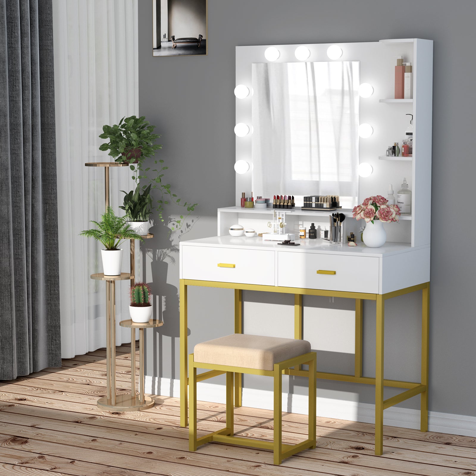 PAKASEPT Vanity Set with Lighted Mirror, Makeup Vanity Dressing Table with  LED Light, Drawers, Storage Shelves and Cushioned Stool, Small Vanity Desk  for Bedroom 